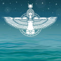 White line art of the Egyptian winged Goddess Aset (Isis) over blue water and a starry sky.