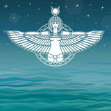 White line art of the Egyptian winged Goddess Aset (Isis) over blue water and a starry sky.