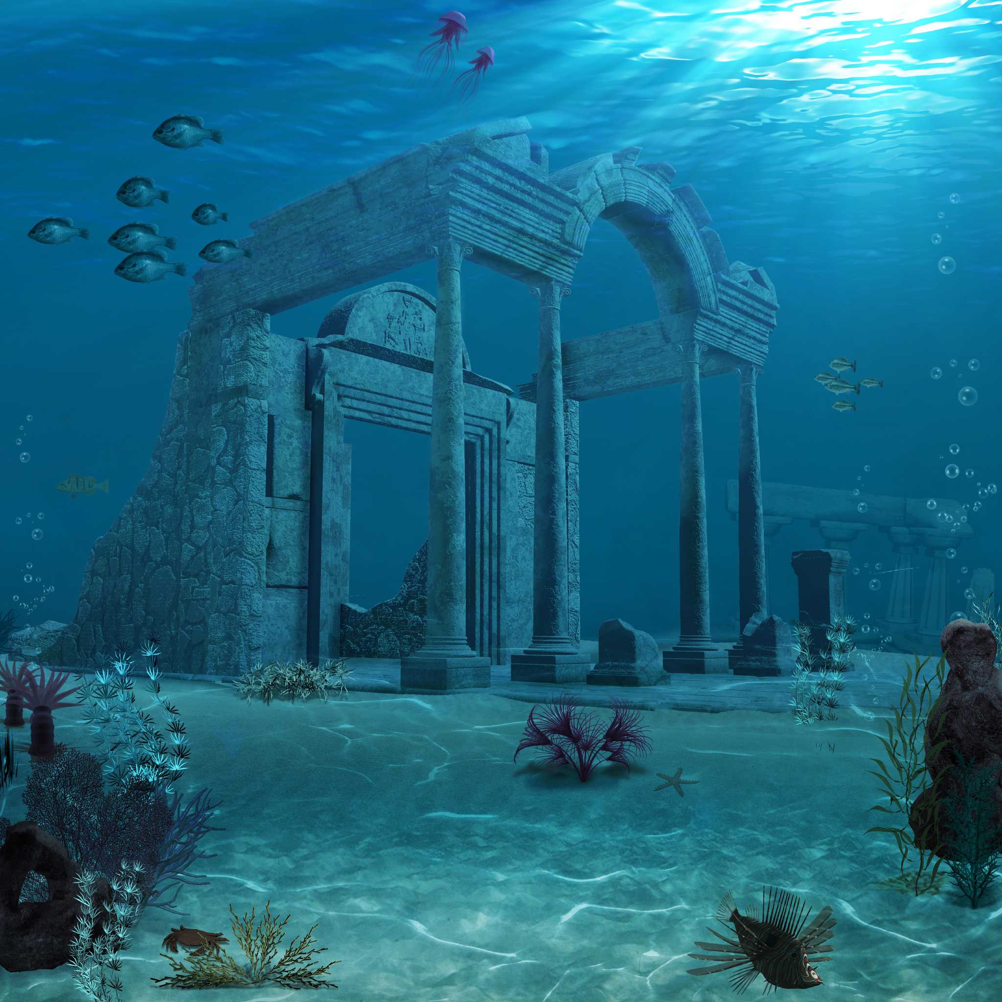 Underwater scene featuring ancient ruins and marine life that symbolise Atlantis.