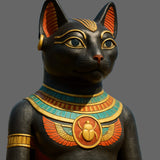 A close-up of a black, detailed statue of the Egyptian cat Goddess Bastet wearing a broad collar with a scarab design, representing Bastet connections.