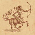 Illustration of a centaur with a bow on a beige background.