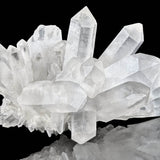 A cluster of sharp, white clear quartz crystals on a black background.