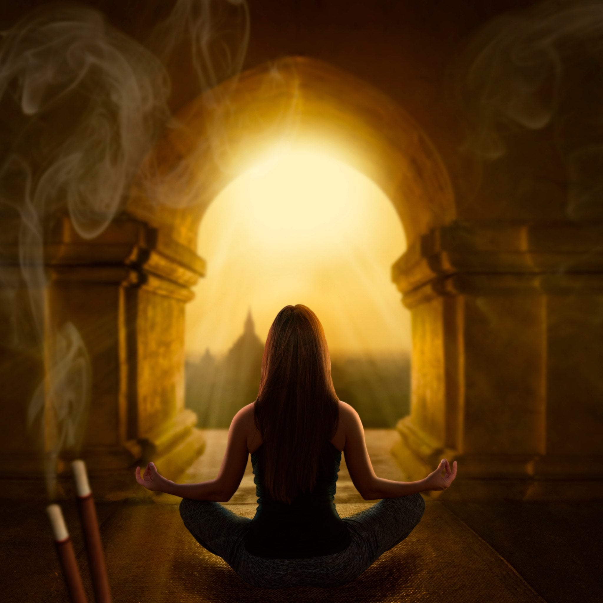 A woman meditating in a dimly lit, arched temple, facing a bright, sunlit entrance with a distant structure, representing deity connections.