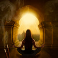 A woman meditating in a dimly lit, arched temple, facing a bright, sunlit entrance with a distant structure, representing deity connections.