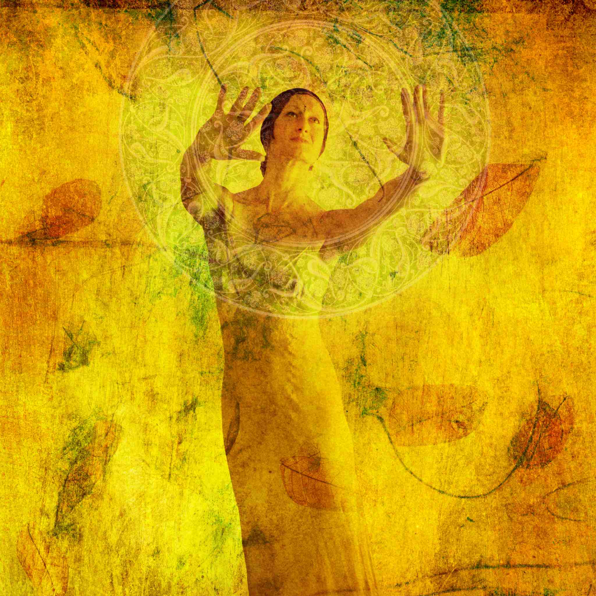 Artistic depiction of a woman moving with nature, with a circular design overlay on a textured yellow background symbolising movement, wind and leaves.