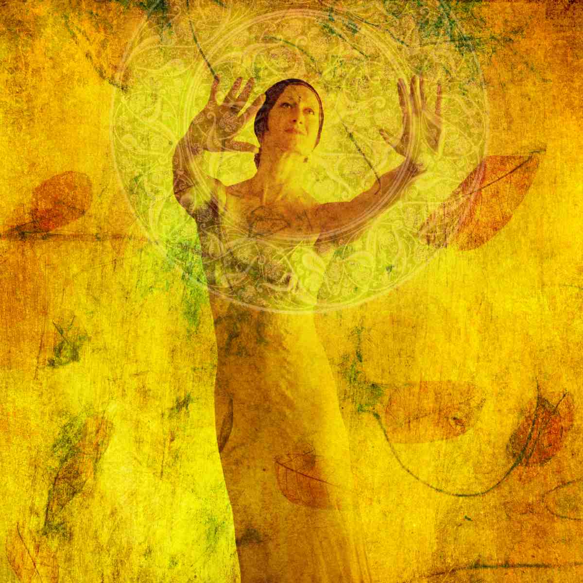 Artistic depiction of a woman with outstretched arms on a textured yellow wind and leaves background.