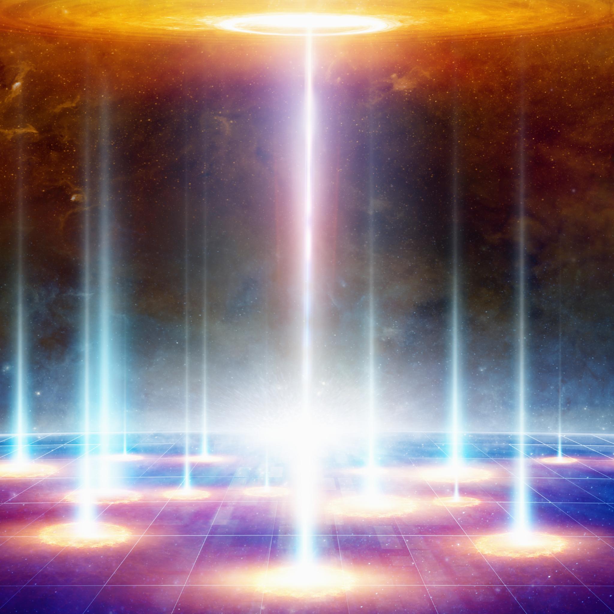 Multiple bright blue and white light beams descending onto a grid from a celestial vortex, representing galactic federation connections.