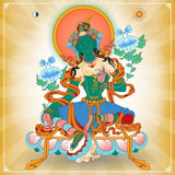 A colourful traditional image of the seated Goddess Green Tara.