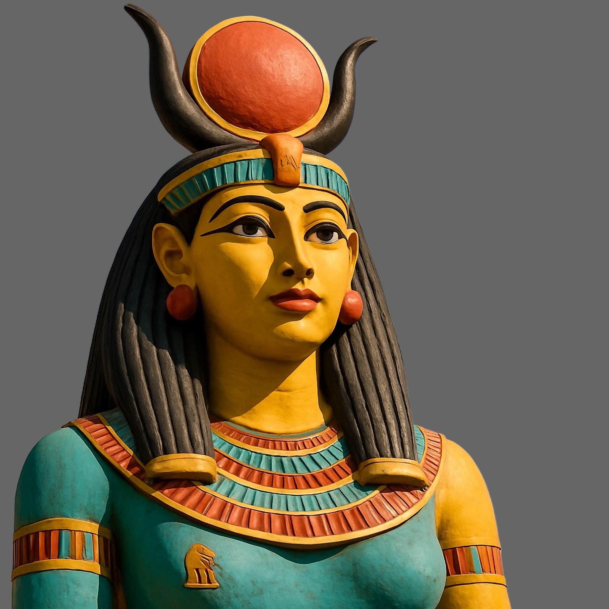 A close-up of a colourful statue of the Egyptian Goddess Hathor with cow horns and a sun disk, representing Hathor connections.