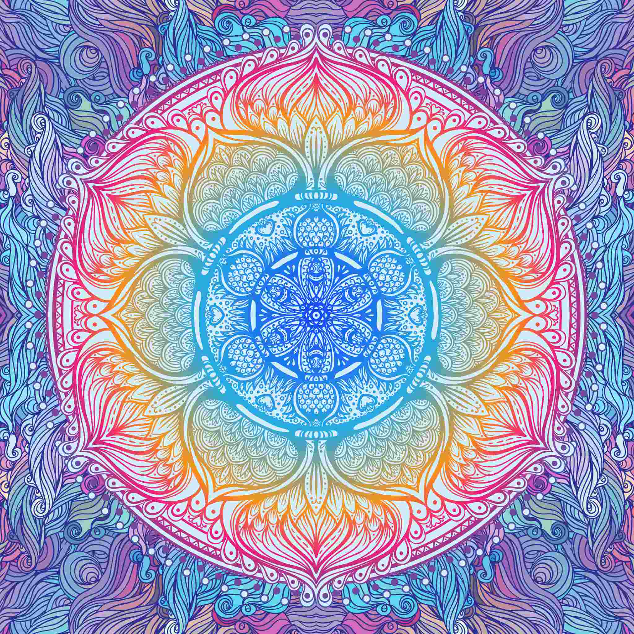 A vibrant, rainbow-coloured, detailed floral mandala illustration, suggesting a dynamic healing.
