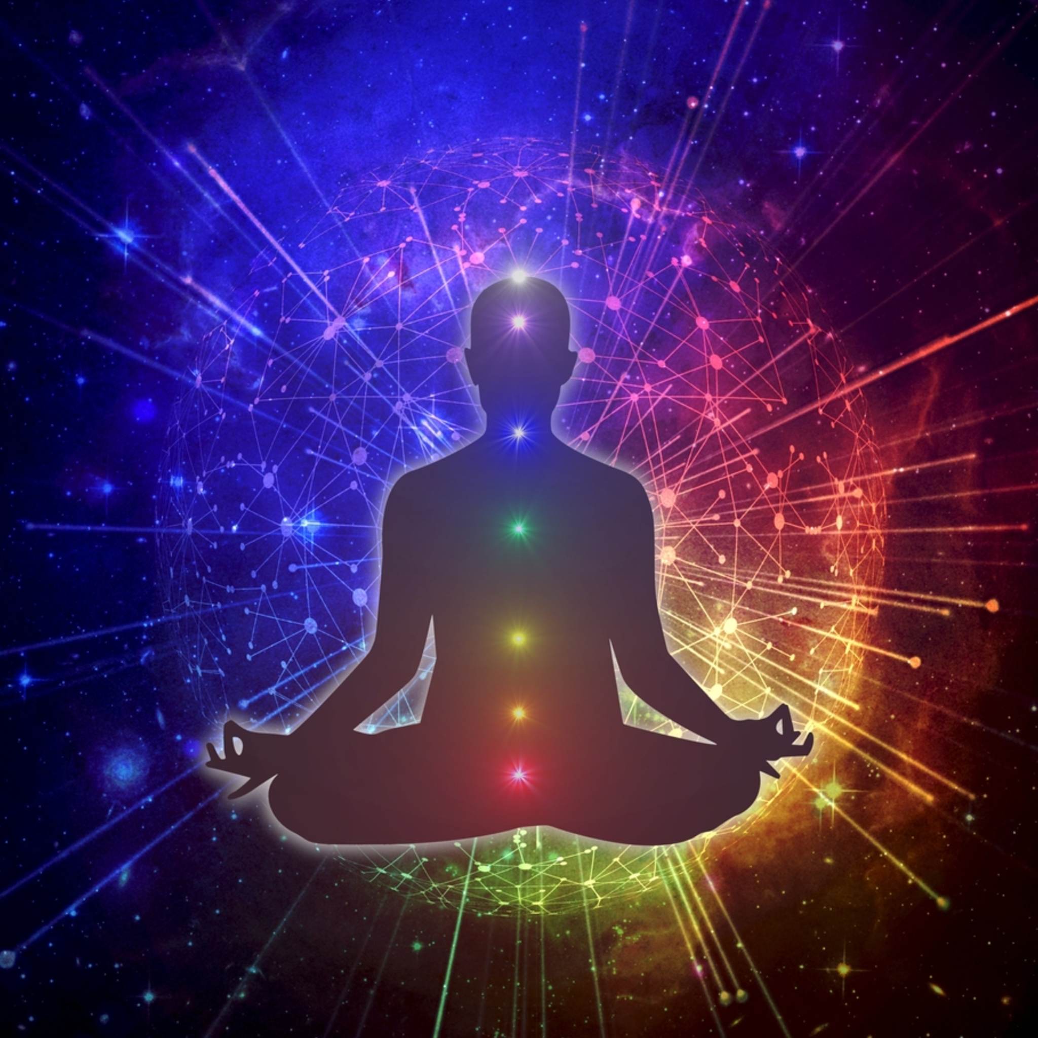 A black silhouette of a person meditating in the lotus position, with their seven chakras glowing in rainbow colours, positioned in front of a giant, glowing, multi-coloured planetary or energetic sphere connected by light-lines, set against a vibrant, dark cosmic background.
