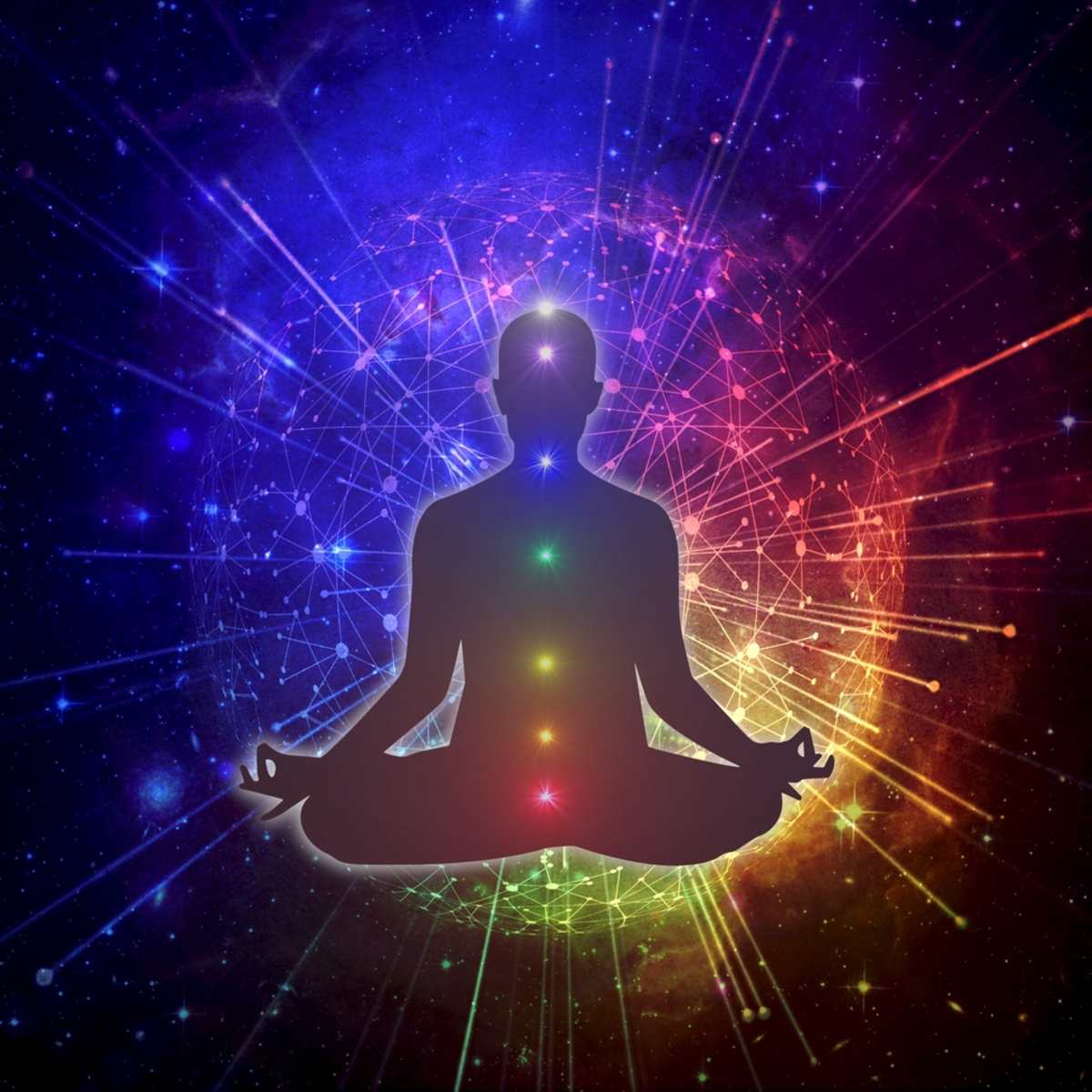Silhouette of a person in meditation with chakra colors and a cosmic background.