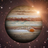 The planet Jupiter, with the Great Red Spot visible, against a starry background, suggests energetic connections.