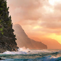A dramatic coastal landscape at sunset featuring steep cliffs symbolising the Lemurians.