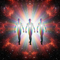 Three rainbow-coloured Light Beings standing in front of a vibrant cosmic background with stars and nebulae.