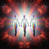 Three rainbow-coloured Light Beings standing in front of a vibrant cosmic background with stars and nebulae.