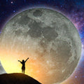 A dramatic full moon set against a glowing, starlit nebula background.