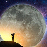 A dramatic full moon set against a glowing, starlit nebula background.