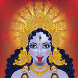 Close-up of the Hindu Goddess Maha Kali with four arms and a third eye.