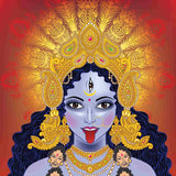 Close-up of the Hindu Goddess Maha Kali with four arms and a third eye.