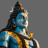A large, colourful face and torso of Hindu deity Shiva, also known as Mahakaal, depicted with blue skin, a fierce expression, long dark hair, a tiger skin shawl, and a snake wrapped around his neck, set against a bright, grey background.