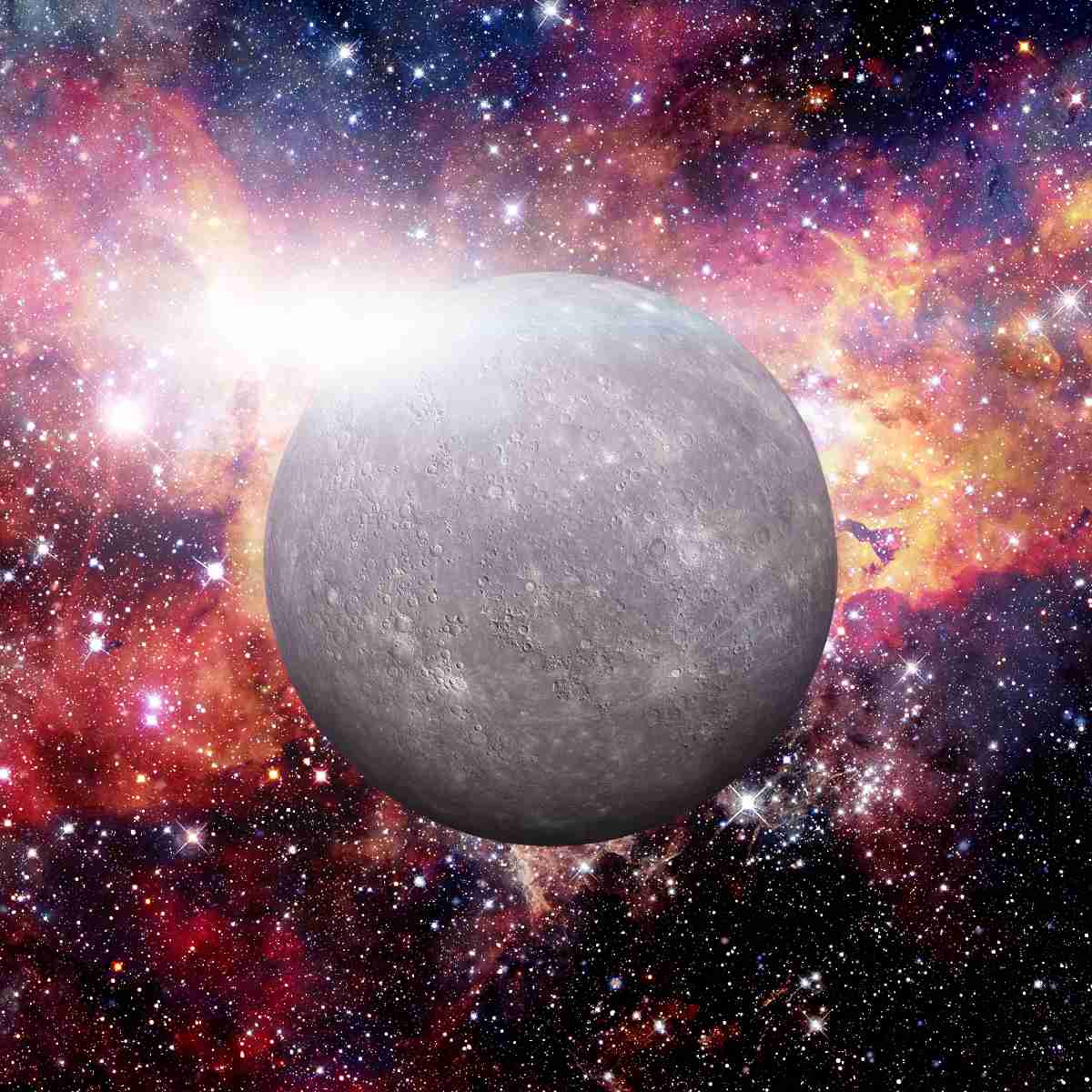 Planet Mercury against a colourful galaxy background.