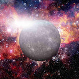 Planet Mercury against a colourful galaxy background.