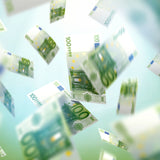 Several banknotes floating and falling through a bright, light blue and green blurred background.