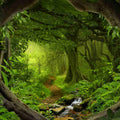 Winding path through a dense, green forest with towering trees and a stream symbolising nature energies.