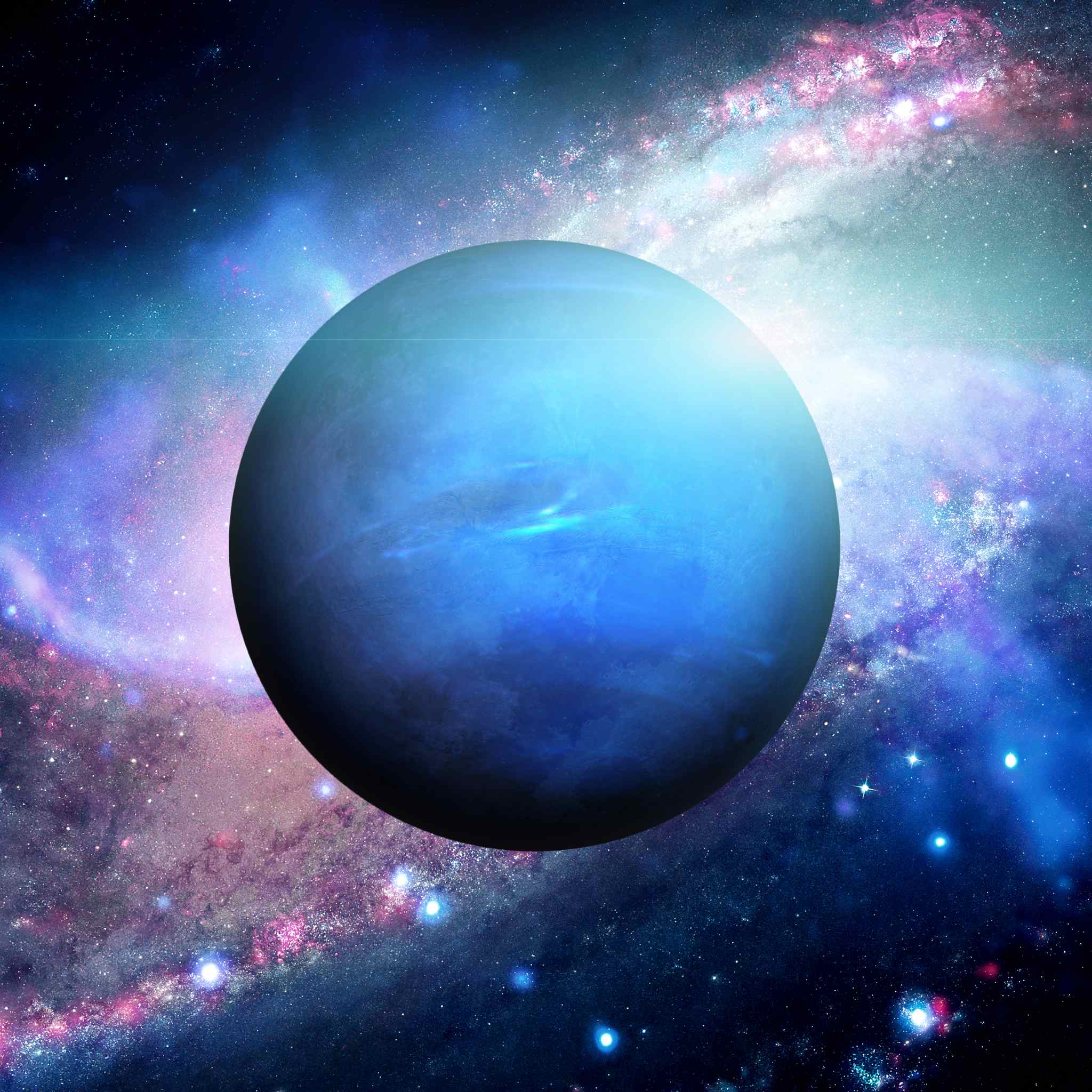 Planet Neptune floating in the foreground of a vibrant galaxy, representing Neptune connections.
