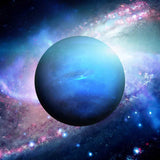 Planet Neptune floating in the foreground of a vibrant galaxy, representing Neptune connections.
