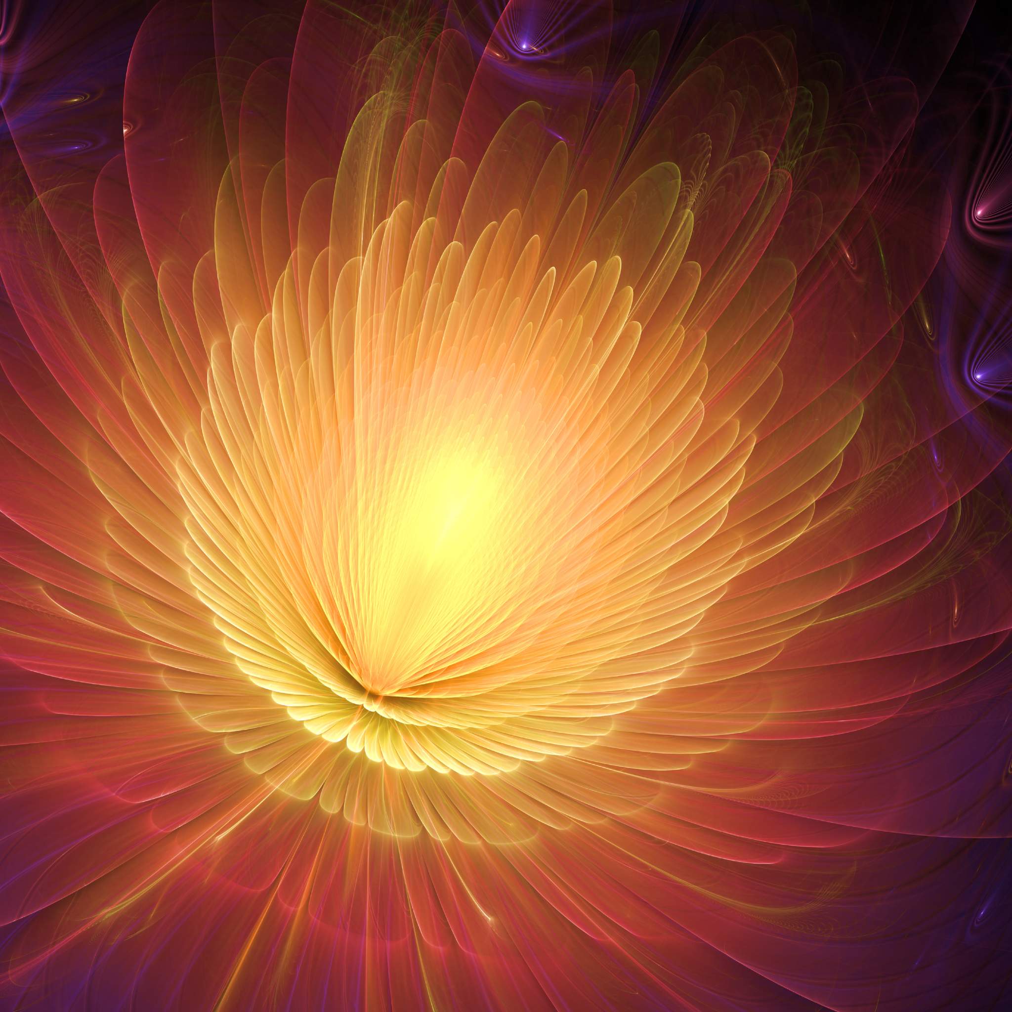 A bright, abstract fractal illustration resembling a stylised energy vortex, composed of tightly packed, overlapping, feather-like layers of intense yellow, orange, and red light radiating outward against a dark, glowing purple background.