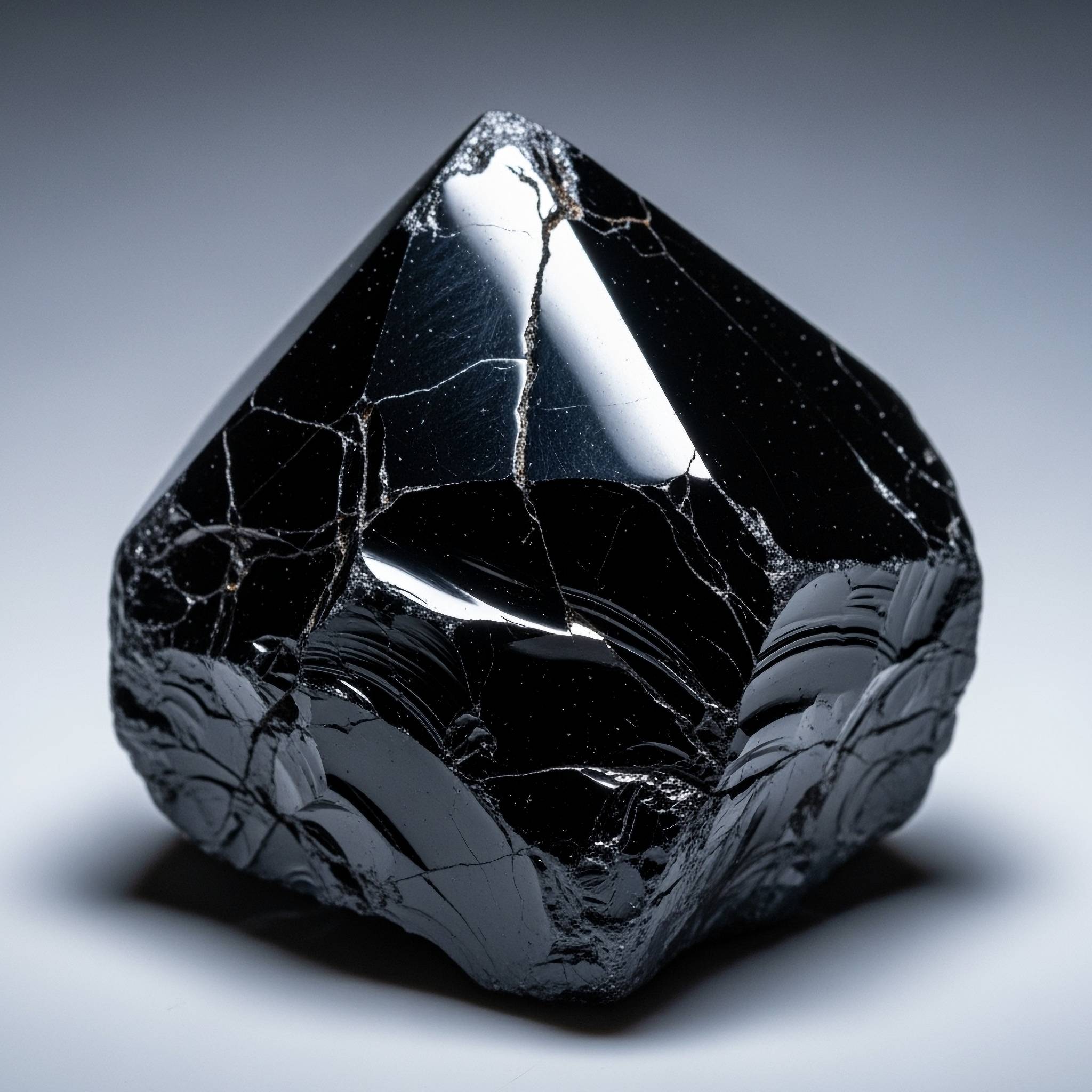 A close-up studio shot of a raw, faceted piece of black Obsidian, displaying a glassy texture and white fracture lines, brilliantly reflecting a studio light against a soft grey background.