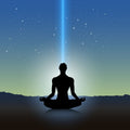 Silhouette of a meditating person against a starry night sky with a bright light beam.