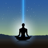 Silhouette of a meditating person against a starry night sky with a bright light beam.