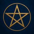 A simple, gold pentagram enclosed in a circle on a dark blue textured background, representing pentagram connections.