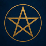 A simple, gold pentagram enclosed in a circle on a dark blue textured background, representing pentagram connections.
