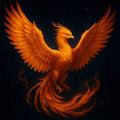A fiery orange phoenix with large, open wings flying against a dark, starry background.