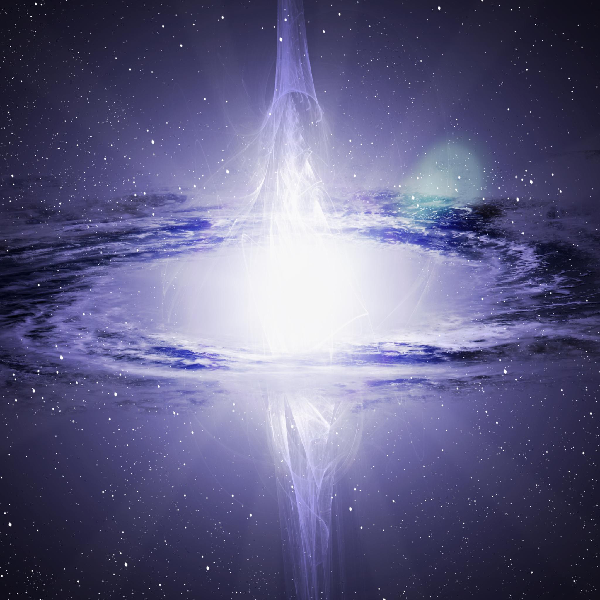 A deep purple and blue cosmic scene featuring a bright, central white light surrounded by an ethereal ring of gas and dust, resembling a distant galaxy or a nebula.