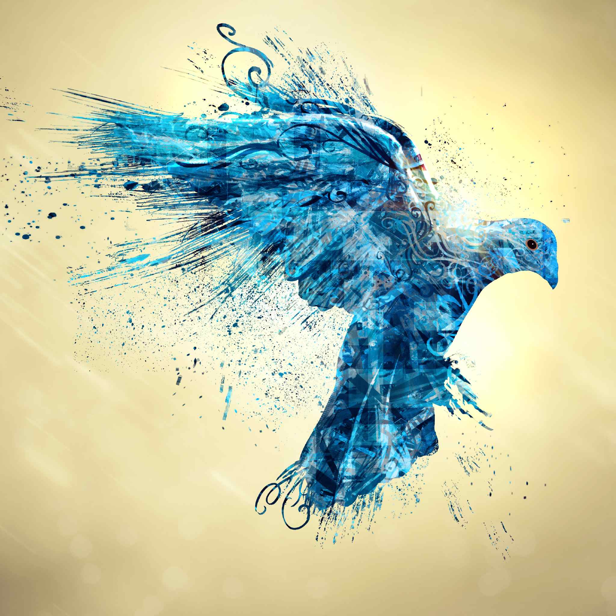 A striking digital painting of a bird in flight, rendered in vibrant shades of blue, with abstract, splash-like, and swirling patterns across its body. The bird is against a soft, glowing, pale yellow background, representing a dynamic power animal connection.