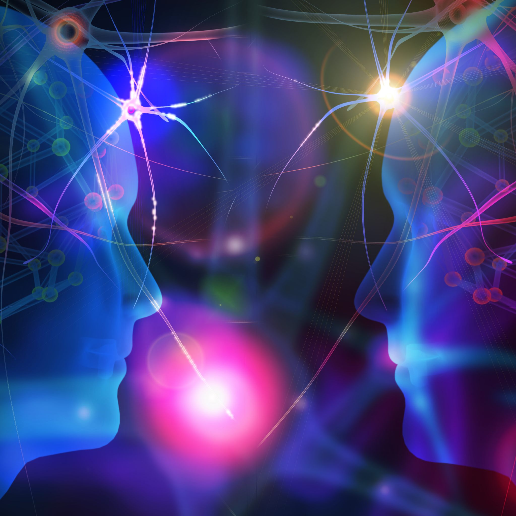 A dark, abstract image featuring the blue silhouettes of two faces looking toward each other, connected by glowing, bright streaks of neural or energetic light against a cosmic, purple and dark blue background.