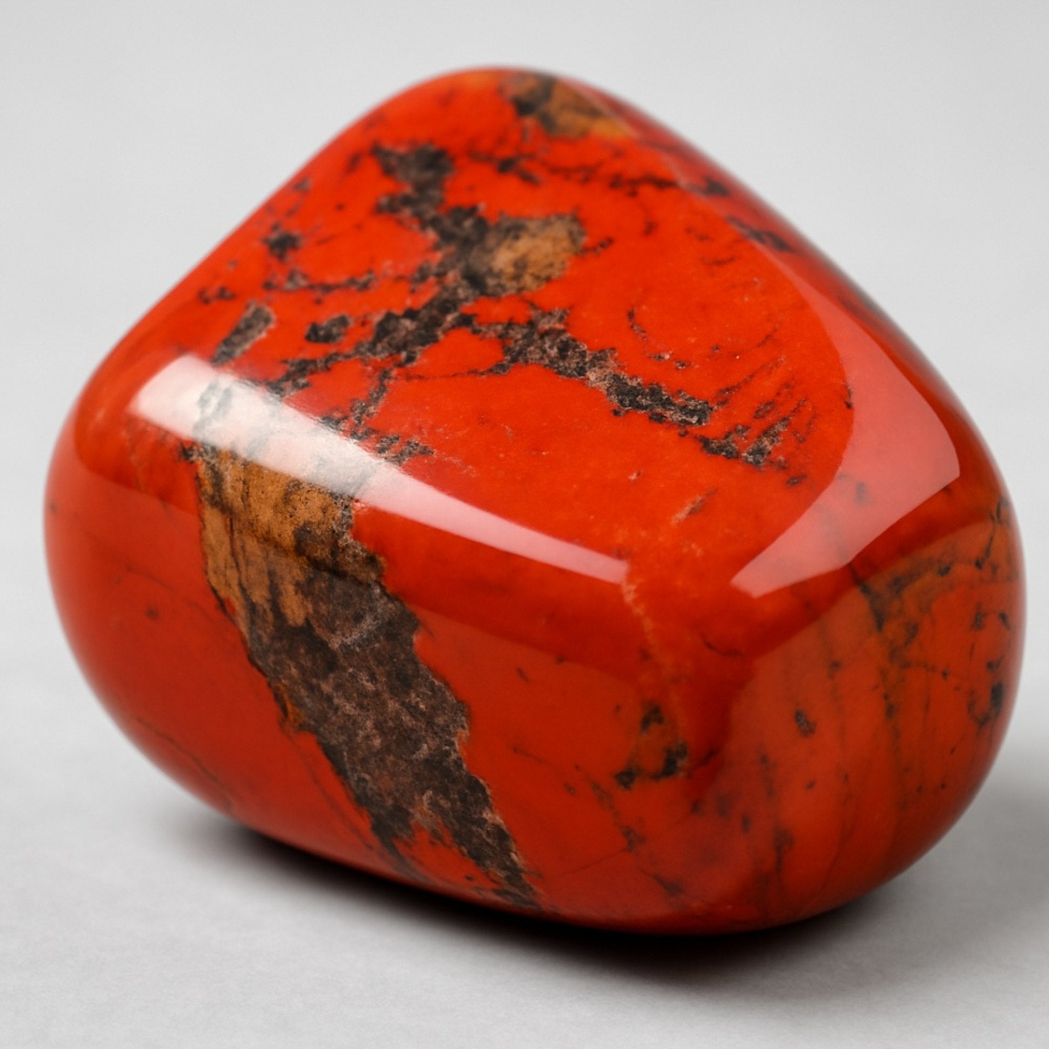 A close-up of a polished red and brown Red Jasper gemstone.