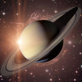 Illustration of Saturn with its rings against a starry space background.
