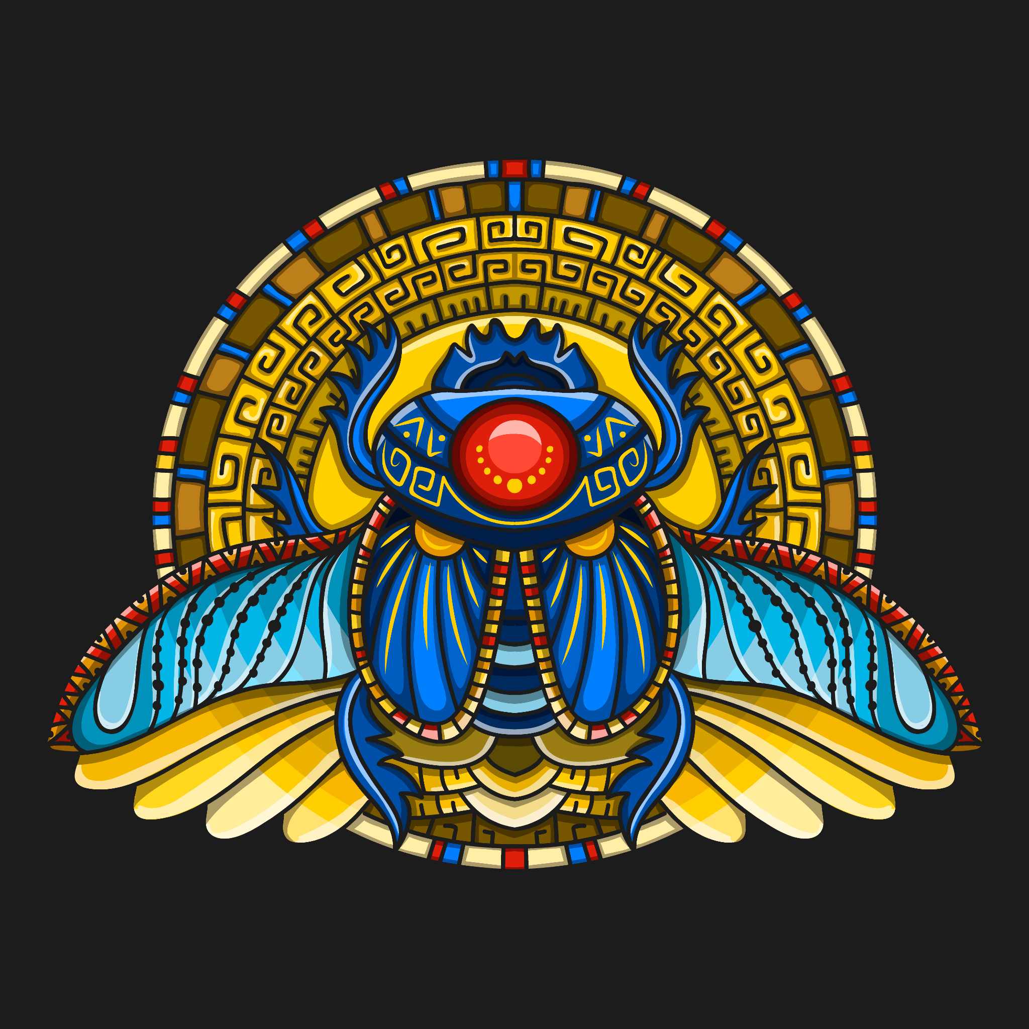 A colourful illustration of a winged, blue scarab beetle with a red sun disk, on a geometric yellow and brown background, representing scarab connections.