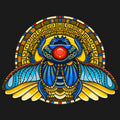 A colourful illustration of a winged scarab beetle with red sun disk, on a geometric yellow and brown background.
