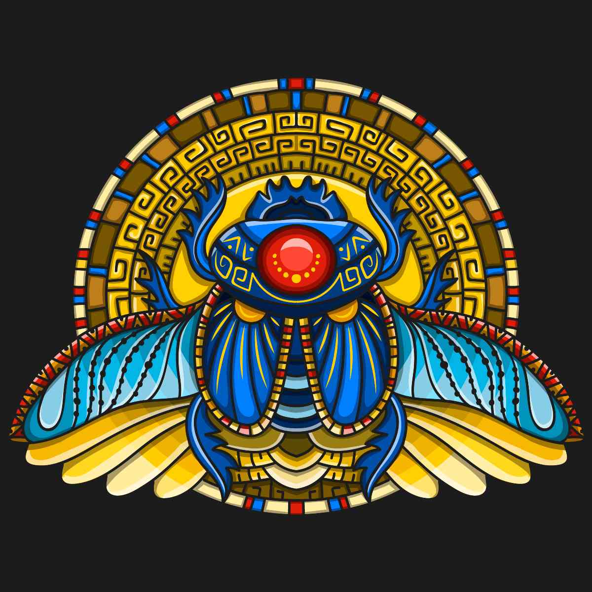 A colourful illustration of a winged scarab beetle with red sun disk, on a geometric yellow and brown background.