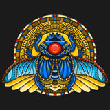 A colourful illustration of a winged scarab beetle with red sun disk, on a geometric yellow and brown background.