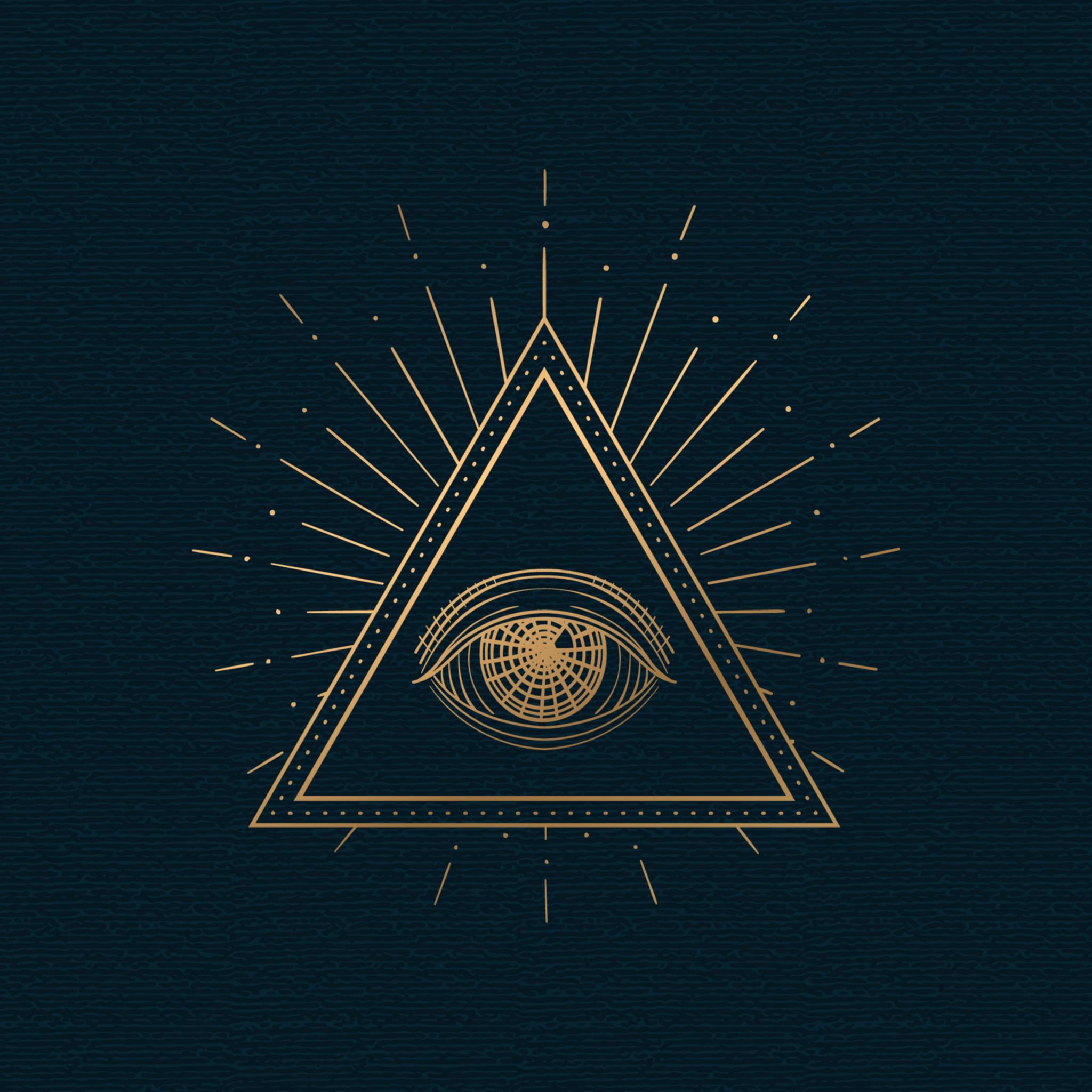 A golden eye within a triangle with light rays, representing deity Shu connections.