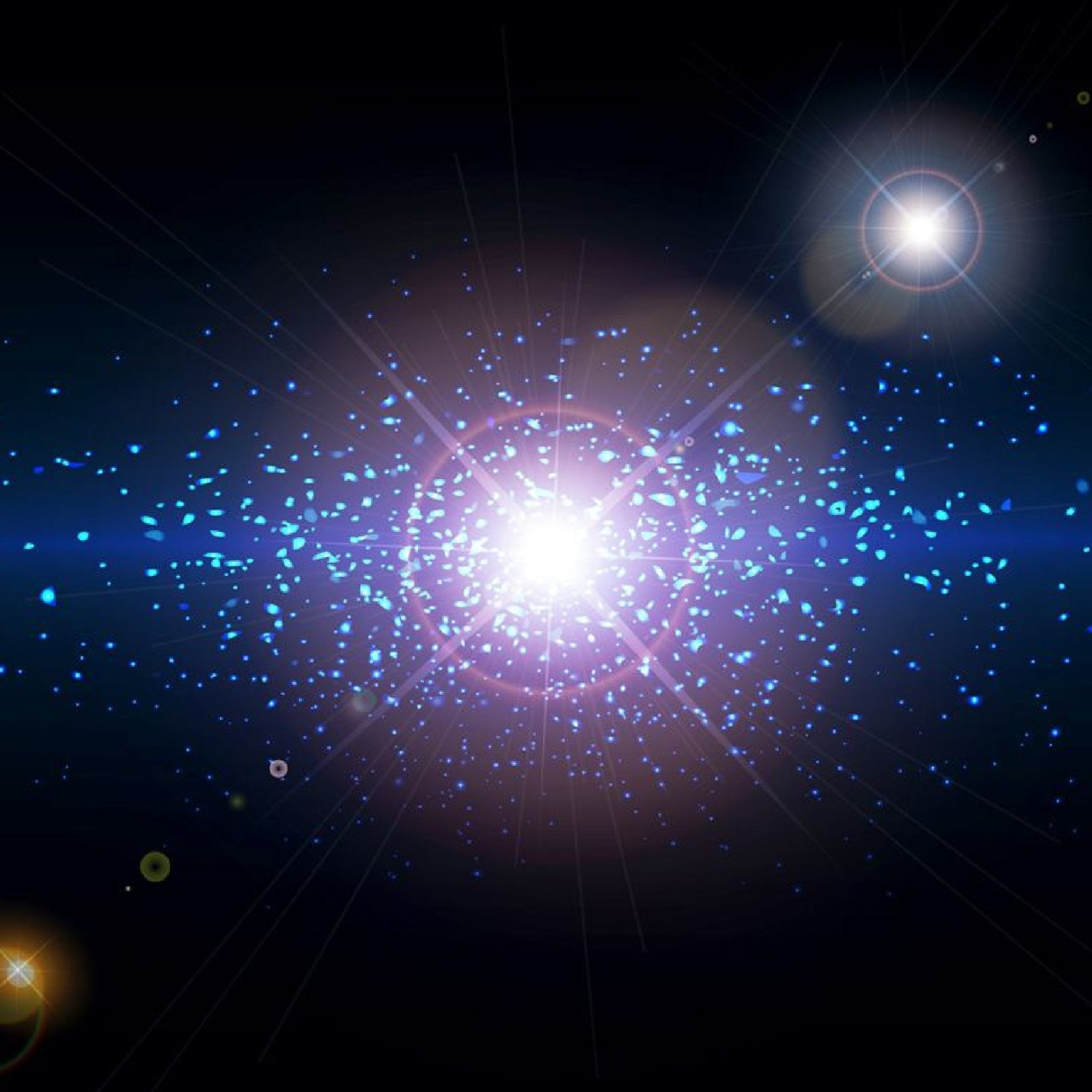 A brilliant white starburst with blue particle clusters, suggesting a powerful cosmic energy related Sirian connections.