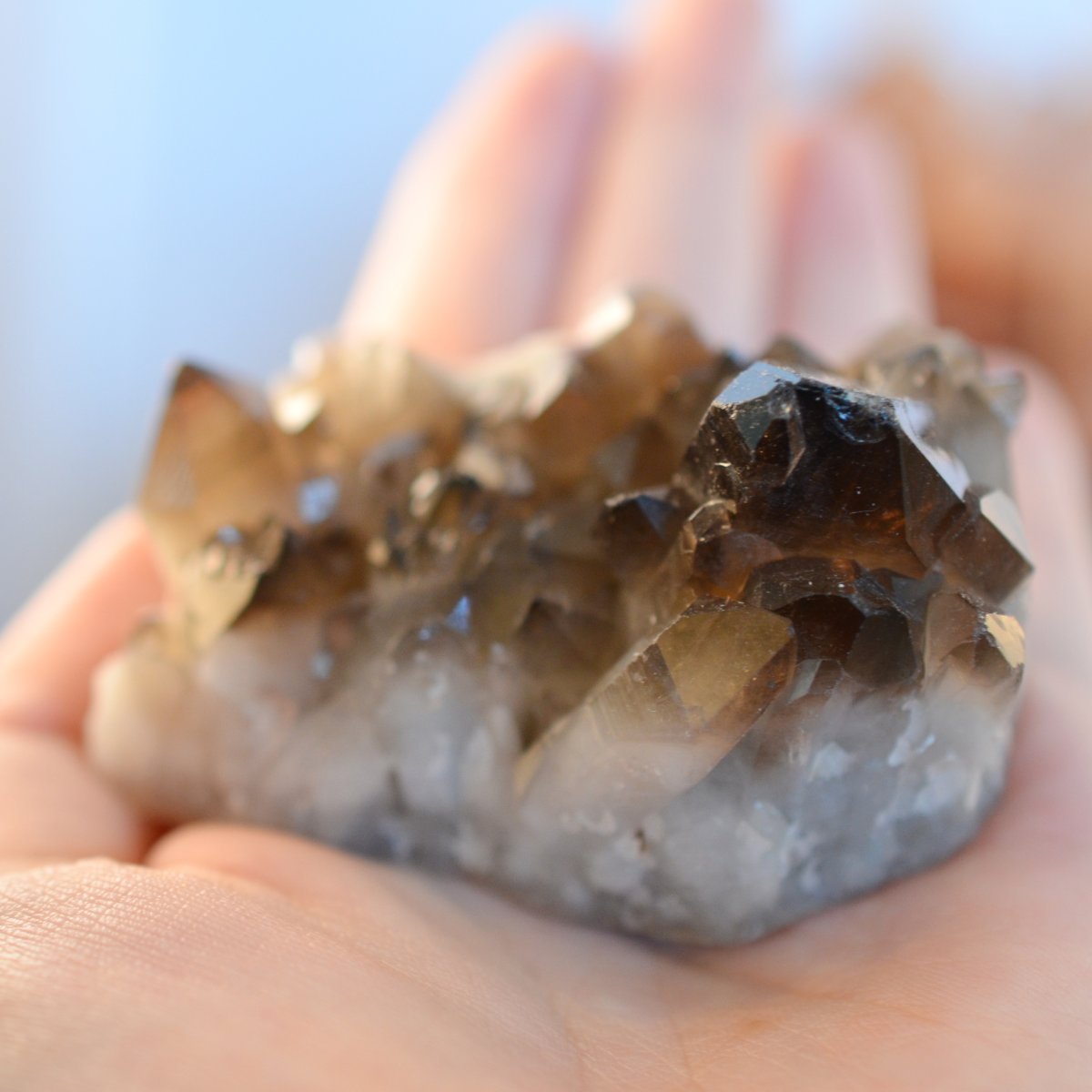 Hand holding a smoky quartz crystal with a blurred background.